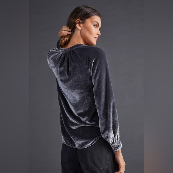 Anthropologie Pilcro Charcoal Crushed Sleeve Velvet Button Down Shirt - Picture 5 of 10
